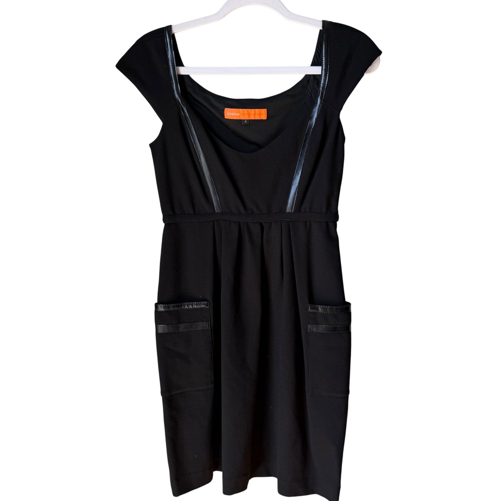 Cynthia Steffe Black‎ Cap Sleeve Cocktail Dress LBD Faux Leather Pockets Size 4